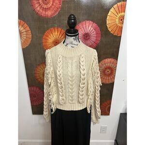 525 America Cable Fringe Pullover in Cream Chunky Knit Cottagecore Minimalist XS